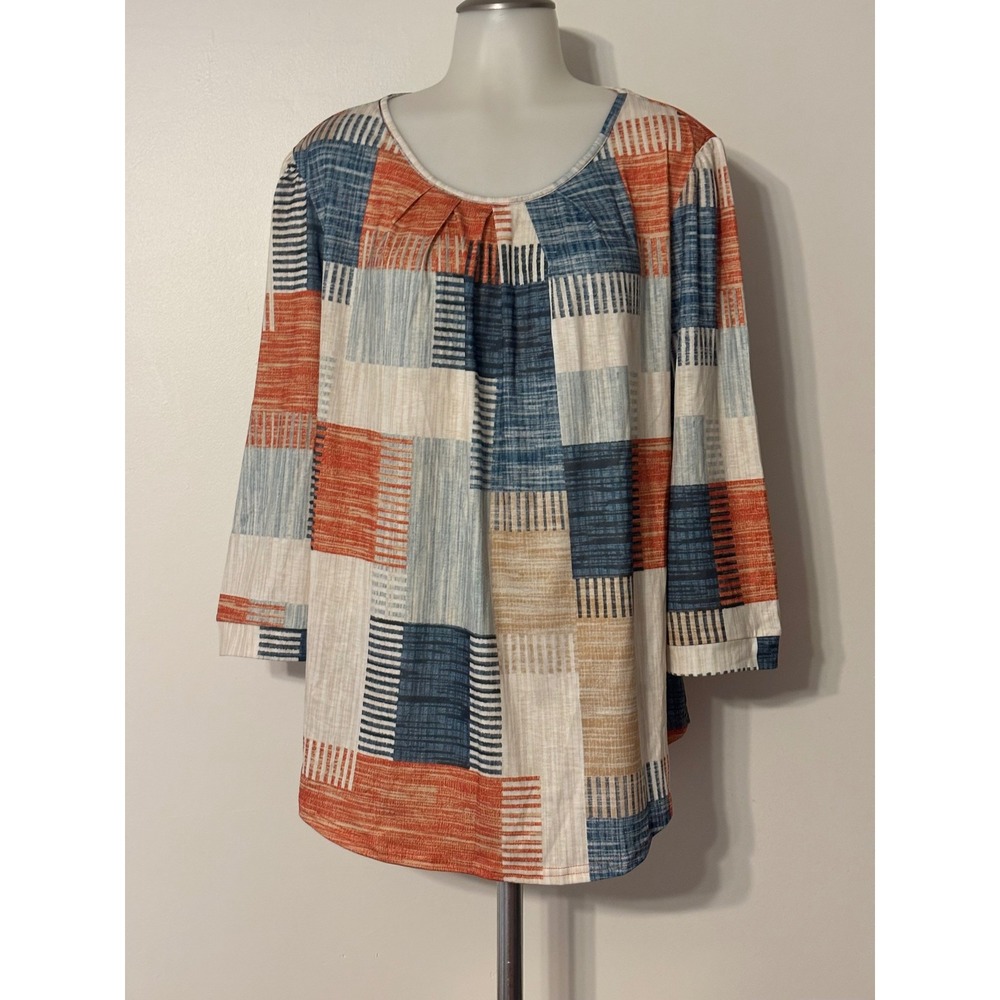 OFEEFAN Geometric Plaid Tunic Top Women XXL Orange Blue 3/4 Sleeve NEW w/ tag